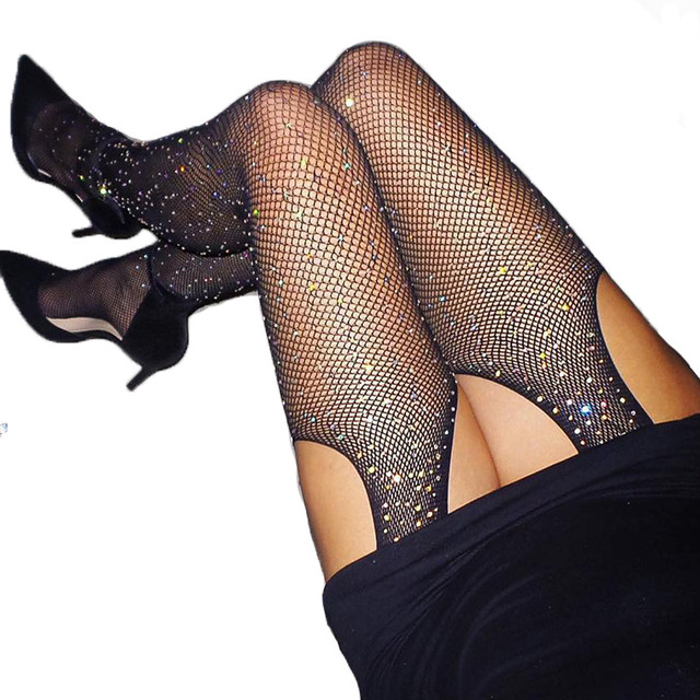 

2021 Sexy Socks Women's Glitter Fishnet Tights Open Crotch Mesh Pantyhose Shiny Rhinestone Lady Plus Size Nylons Stockings 6pcs