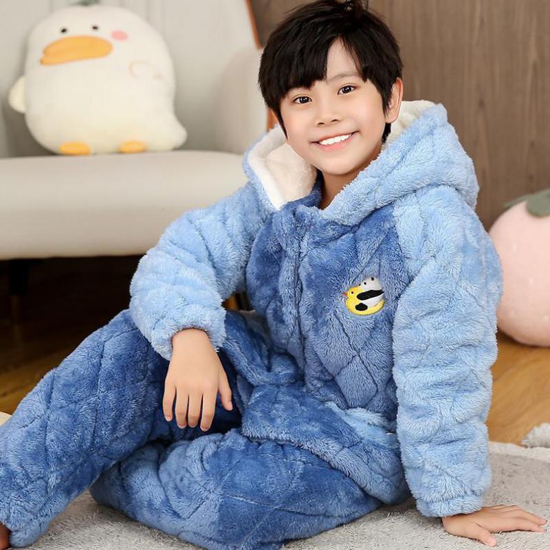 

Men's Sleepwear Autumn Winter Children Pajamas Set Boy And Girl Thick Warm Velvet Lounge Suit Cartoon Hooded Flannel Home Clothes, Girl 1