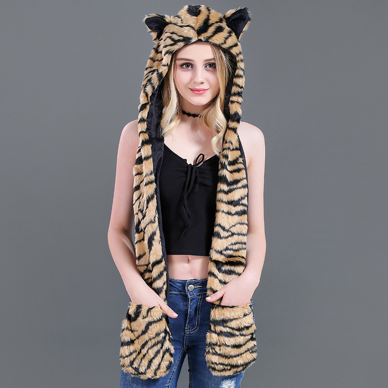 

European and American Fashion Hats Scarf Gloves One Animal Hat Imitation Fur Hat Plush Cartoon Hat Tiger Skin, Blue;gray