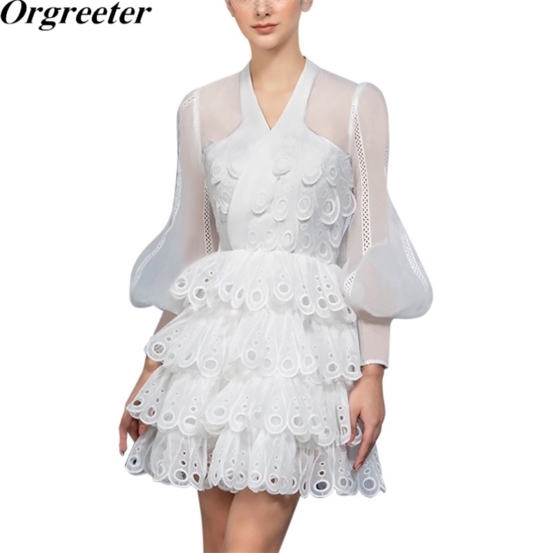 

Luxury Quality Lace Embroidery Organza White Dress Women Spring V-neck Lantern Sleeve Layered Ruffled Cake 210602