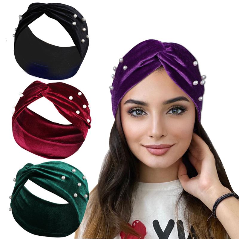 

Hair Accessories Gold Velvet Cross Knot Headbands For Women Autumn Winter Warm Band Solid Color Pearl Wide Turban Female
