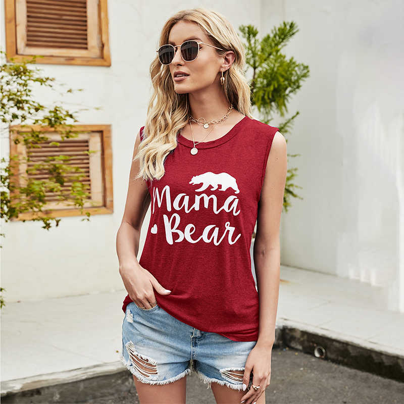 

Summer Mama Bear Fashion Sleeveless Letter Print Women Tshirt Round Neck Loose Beach Style Casual Vest Women Tshirt 210608, Burgundy