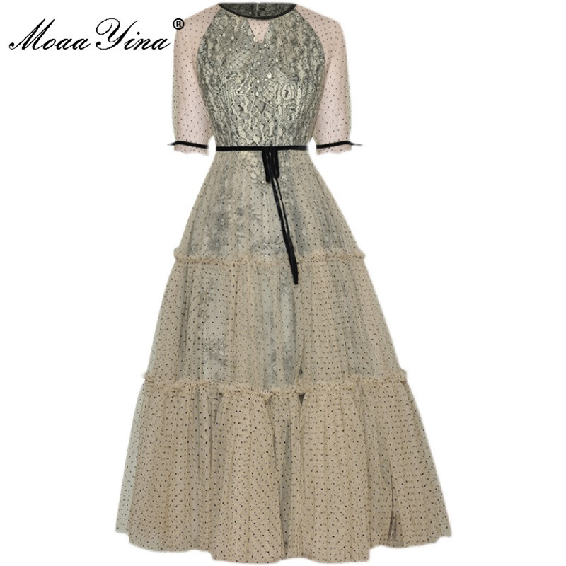 

Fashion Runway Summer Elegant Party Dress Women polka dot Print Short sleeve Gorgeous Lace Splicing Mesh Midi 210524, Apricot