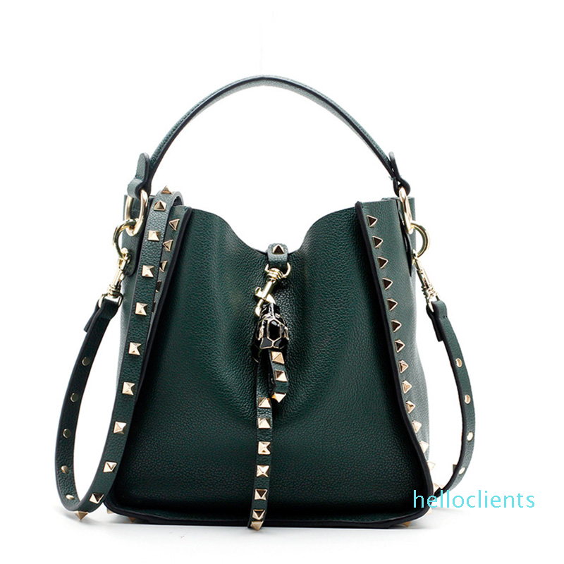 

New- Women's Bucket Bag Genuine Leather Ladies Rivet Handbags Female Shoulder Bag Casual Tote