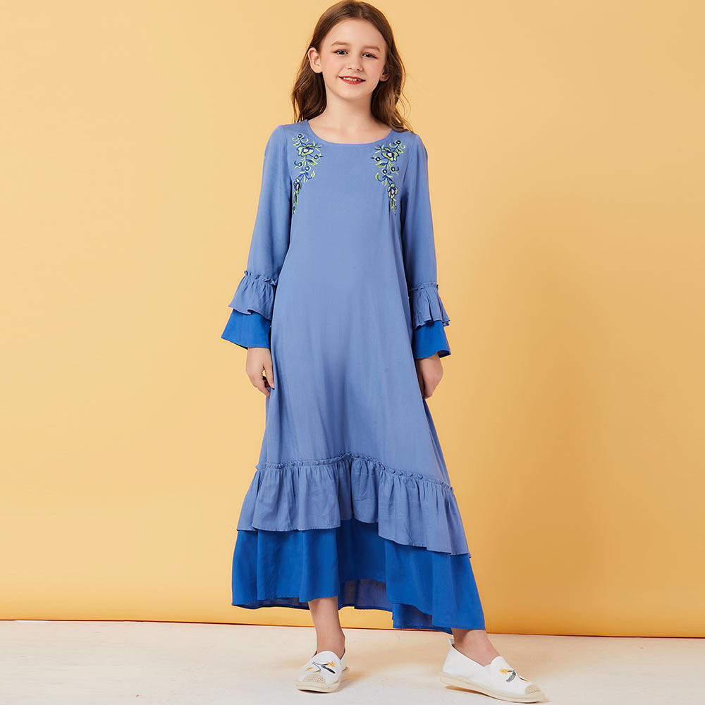 

Sweat Muslim Girls Dress ruffles Moroccan Dresses Children Kids Kimono Islamic Clothing Dubai A-line Vestido Kaftan Abaya Elbise