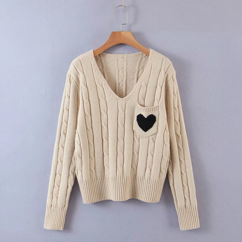 

Women Retro Fashion Heart-Shaped Pockets V-neck Sweater Female Versatile Variety Of Colors Long-Sleeved Bottoming Chic Top 210520, Pink