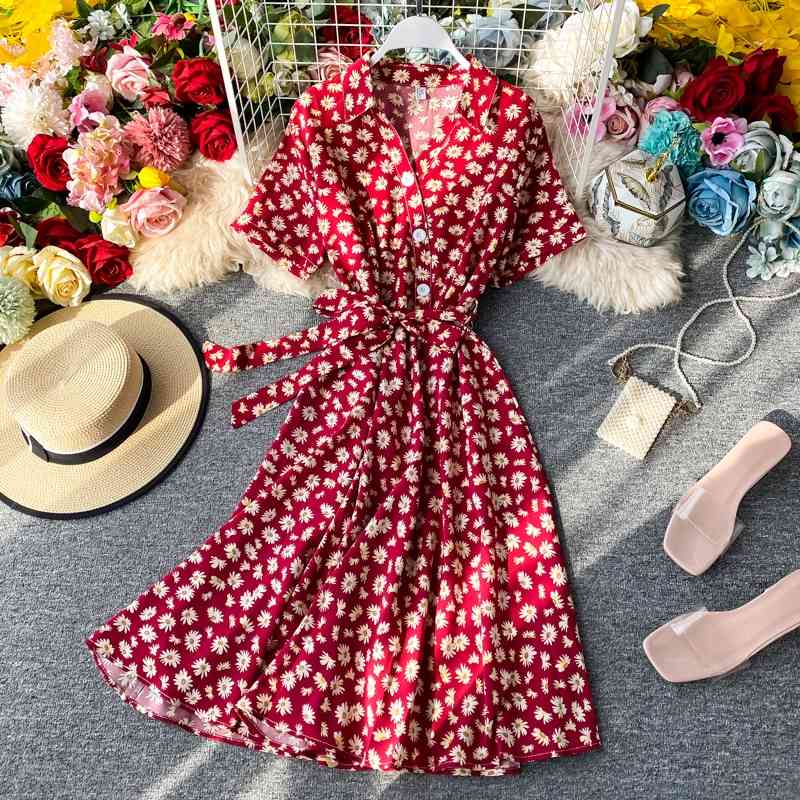 

Summer Floral Print Dress Women Fashion V Neck Short Sleeve With Belt Bandage Dresses Vintage Ladies Casual Long Robe 210602