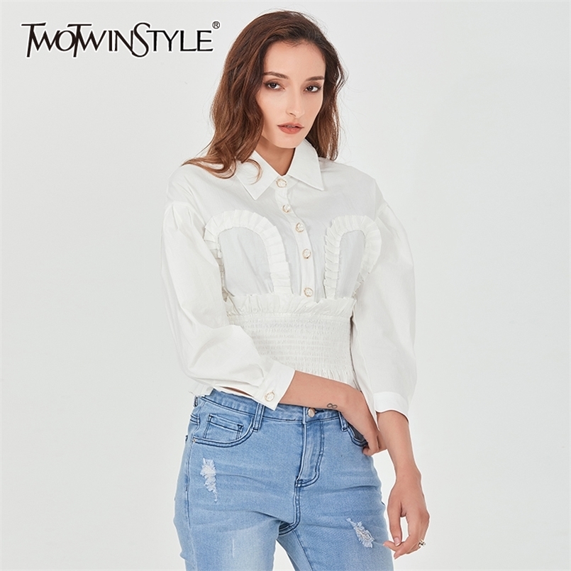 

White Tunic Short Blouse For Women Lapel Long Sleeve Solid Elegant Shirts Female Fashion Clothing Spring 210524