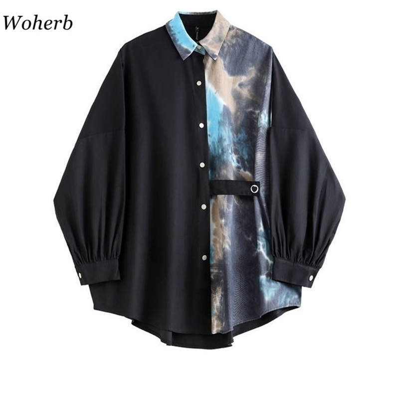 

Blouse Spring Summer Loose Puff Sleeve Design Shirt Female Tie-dye Unisex Couple Top Women Blusas Streetwear 210519, Black