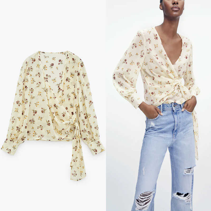 

Za Floral Print Chiffon Summer Blouse Women Elegant Long Sleeve Knot Top Female Fashion Soft Fit Vintage Flower Blouses 210602, As picture