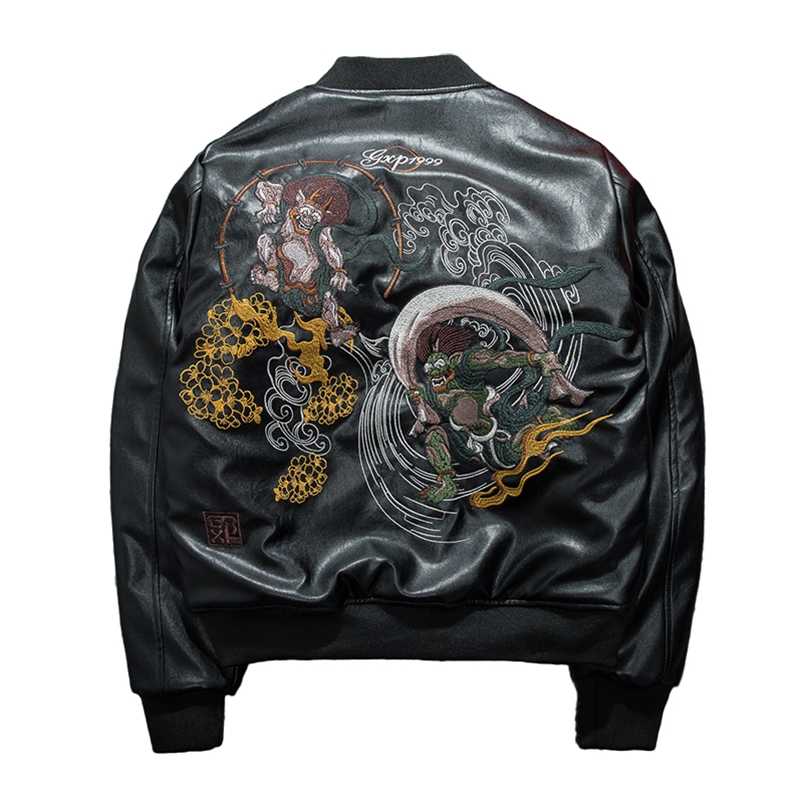 

PU Faux Leather Jacket Men Winter Warm Ghost Embroidered Coat Man Cotton Padded Long Sleeve Zipper Hip Hop Baseball Cloth MA-1 211111, Black
