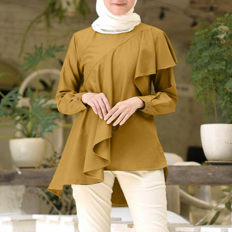 

Women's Polos 2021 Casual Chemise Tunic Blusas Women Muslim Fashion Long Sleeve Blouse Asymmetric Ruffles Kaftan Top Plus Size FBT, Wine red