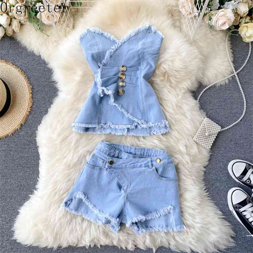 

Denim Suit Summer Women' Sexy Off-shoulder Slim Pleated Bra Top Shorts Design Fringe Two Piece Set 210602, Blue