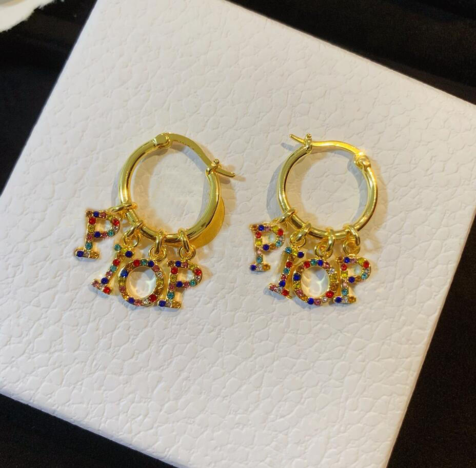 

Classic Women Colorful Diamond Hoop Earrings Letter Charm Pendant Dangle Earring High Quality Copper For Female Lady Luxury Designer Jewelry, Golden;silver