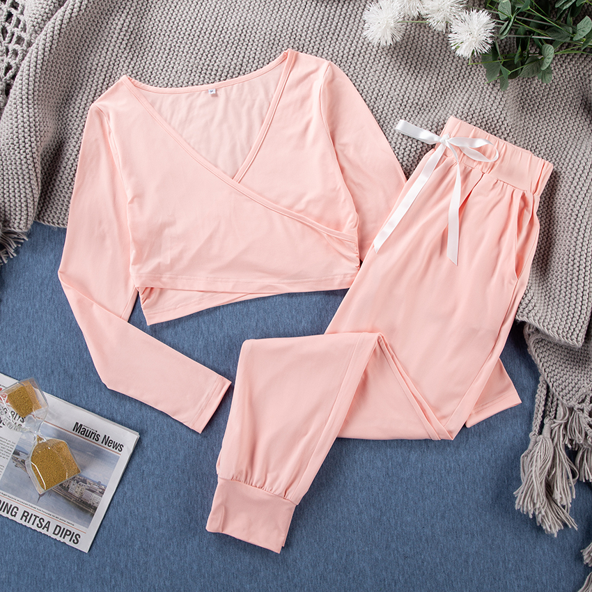 

2021hiloc knit winter pajamas set solid low cut v neck night sleepwear women sets high waist pants bow long sleeve autumn suit, Black;red