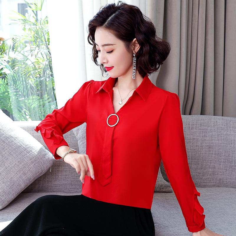 

Women's Blouses & Shirts Style Pullover Dress For Women 2021 Solid Color Long-sleeved V-neck Blouse, Red