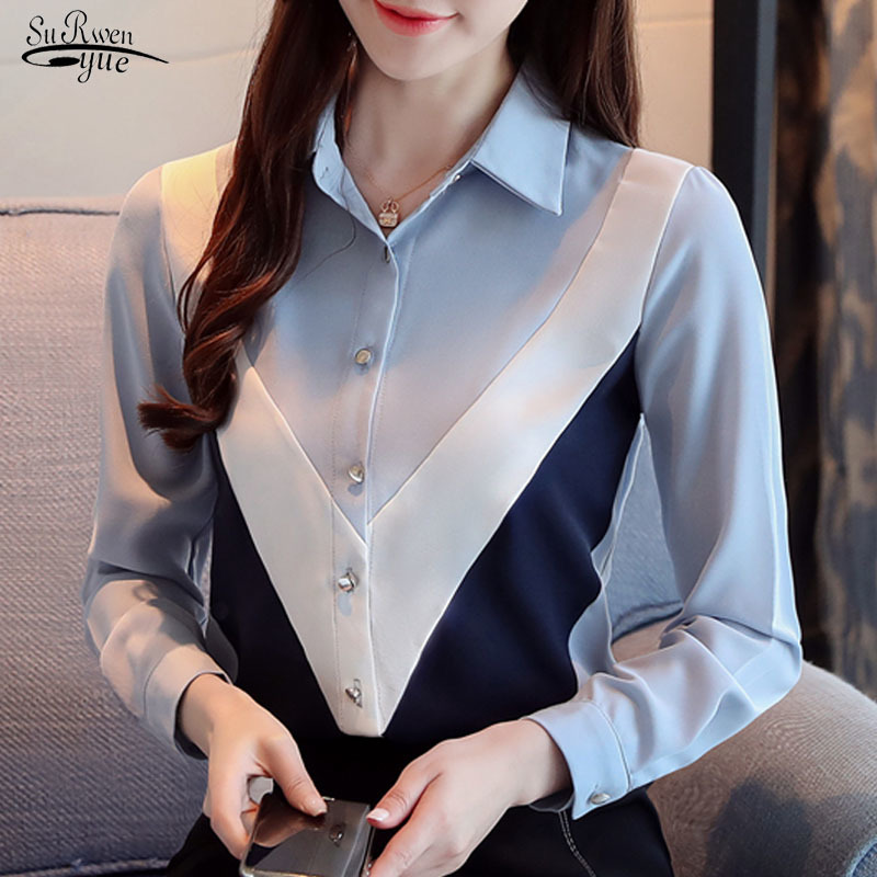 

Autumn Long Sleeve Lapel Chic Chiffon Blouse Women Korean Loose Slim Fashion Stitching Bottoming Shirts Blusas 10750 210521, Blue