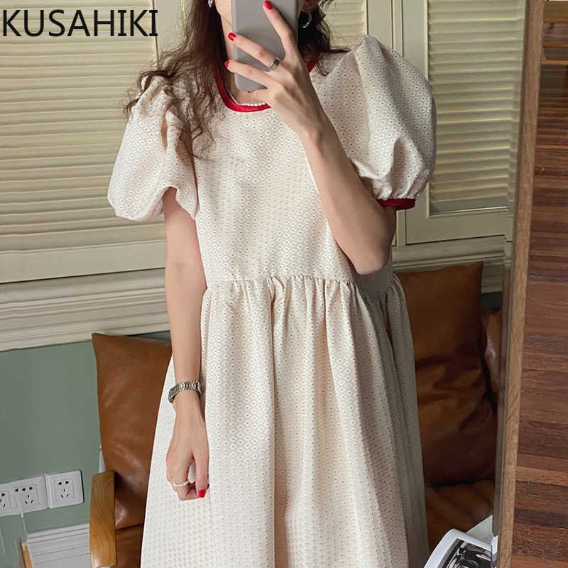 

KUSAHIKI Women Dress Korean Dot Sweet High Waist A-line Dresses Causal Puff Sleeve O-neck Summer Vestido De Mujer 6H794 210602, Apricot