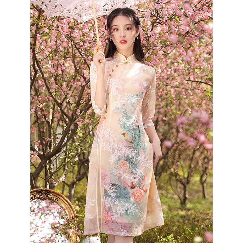 

Ethnic Clothing Half Sleeve Yai Gilrs Tradition Vietnamese Ao Dai Dress