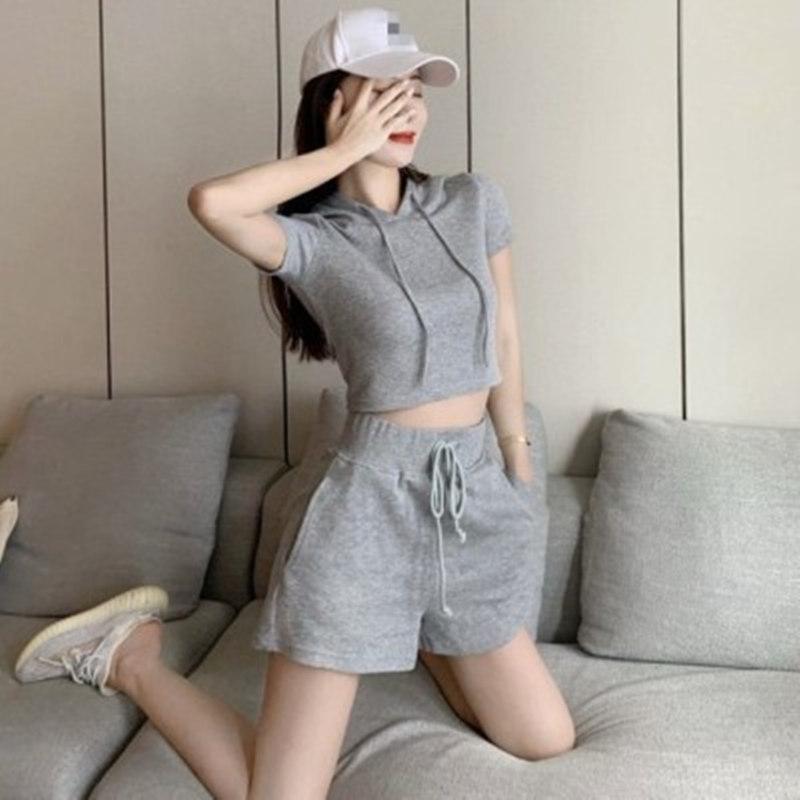 

Women's Tracksuits Women Casual Hooded Short Sleeve Sweater Two-piece Shorts Fashion Suits 2021 Spring/Autumn Solid Suit, Black
