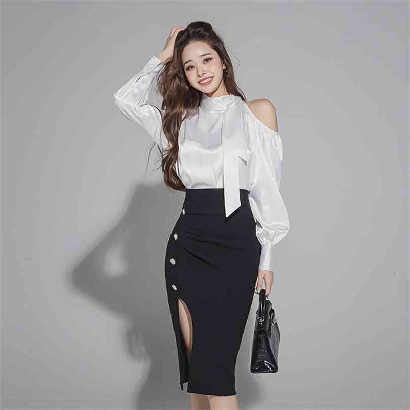 

strapless silk 2 piece Suit Korea fashion ladies white irregular tops And Black Midi Bodycon Skirt for women Sexy Office Set 210602, Graph coloring
