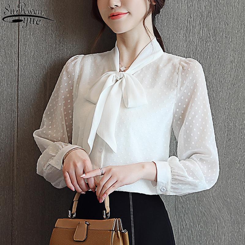 

Women's Blouses & Shirts Long Sleeve Solid Elegant Lace Bow Collat Slim Fit Ladies Top 2021 Autumn Chiffon Blouse Blusas Mujer De Moda 10703, White