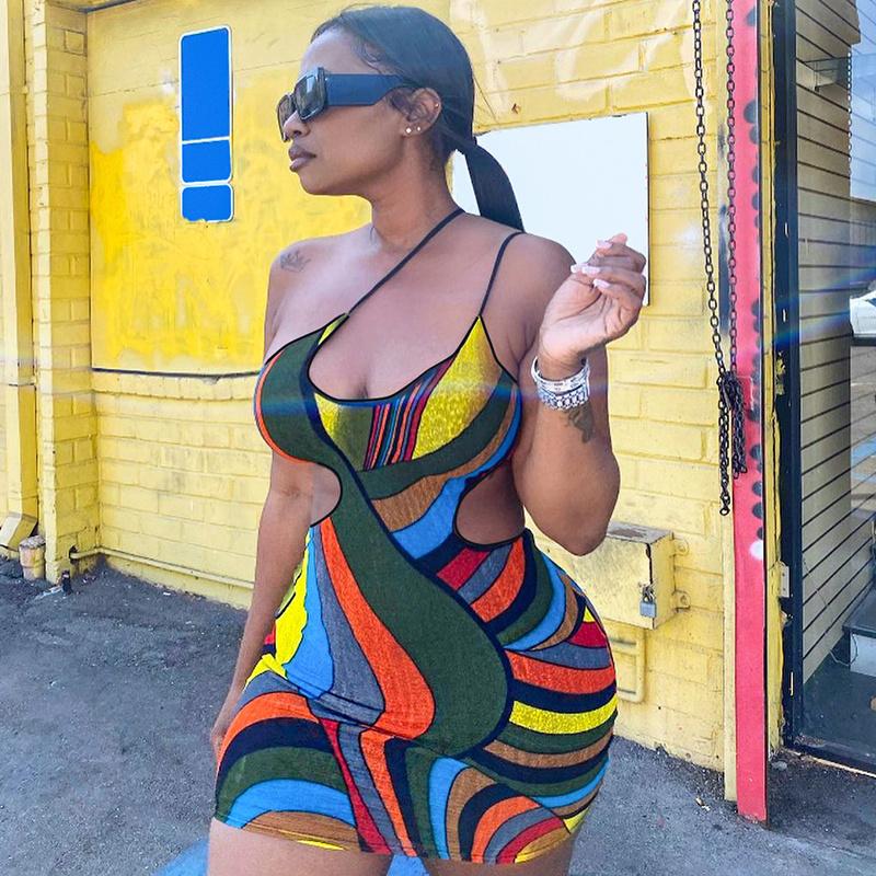 

Women' Swimwear Colorful Striped Patchwork Sexy Women Dress Party Clubwear 2021 Off Shoulder Strap Hollow Out Bodycon Summer Dresses, Multi
