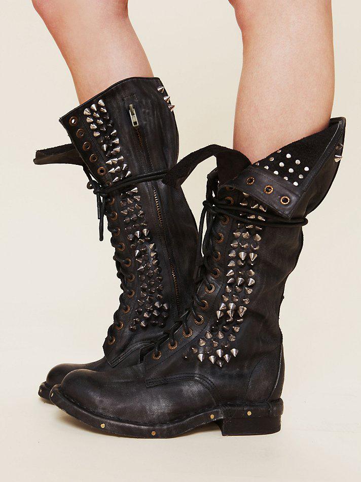 

Punk Style Studded Seattle Western Cowboy Love Boot Black Real Leather Combat Boots Motorcycle Knee High Riding Women, As picture