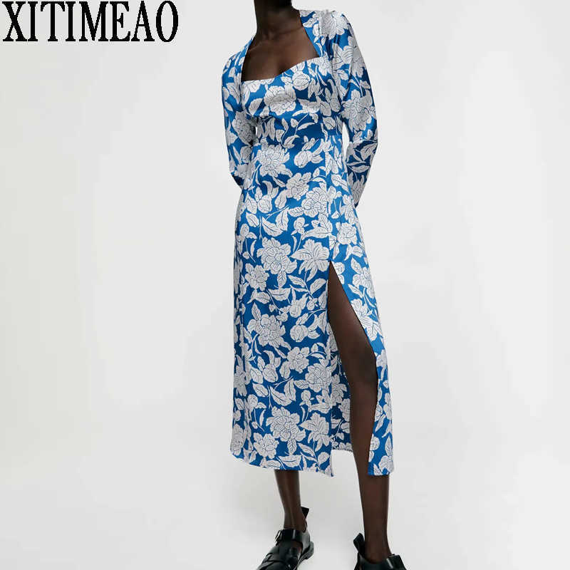 

ZA Women Floral Print Dress Long Sleeve Square Neck High Waist Slim Sexy Slit Length Party Female Fashion Wear 210604, Blue