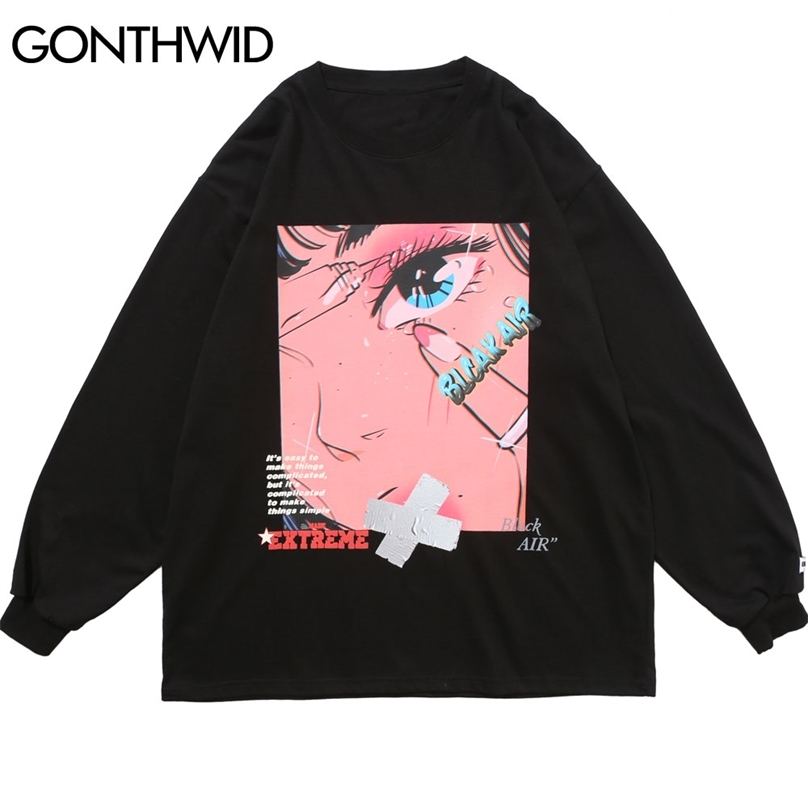 

Harajuku Cartoon Girl Print Long Sleeve Tees Shirts Hip Hop Casual Loose Tshirts Streetwear Mens Fashion Tops Male 210602, Gray