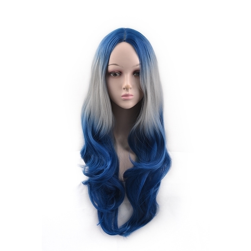 

long Large wave dyed curly gradient two-color chemical fiber wig Headcover, Blue