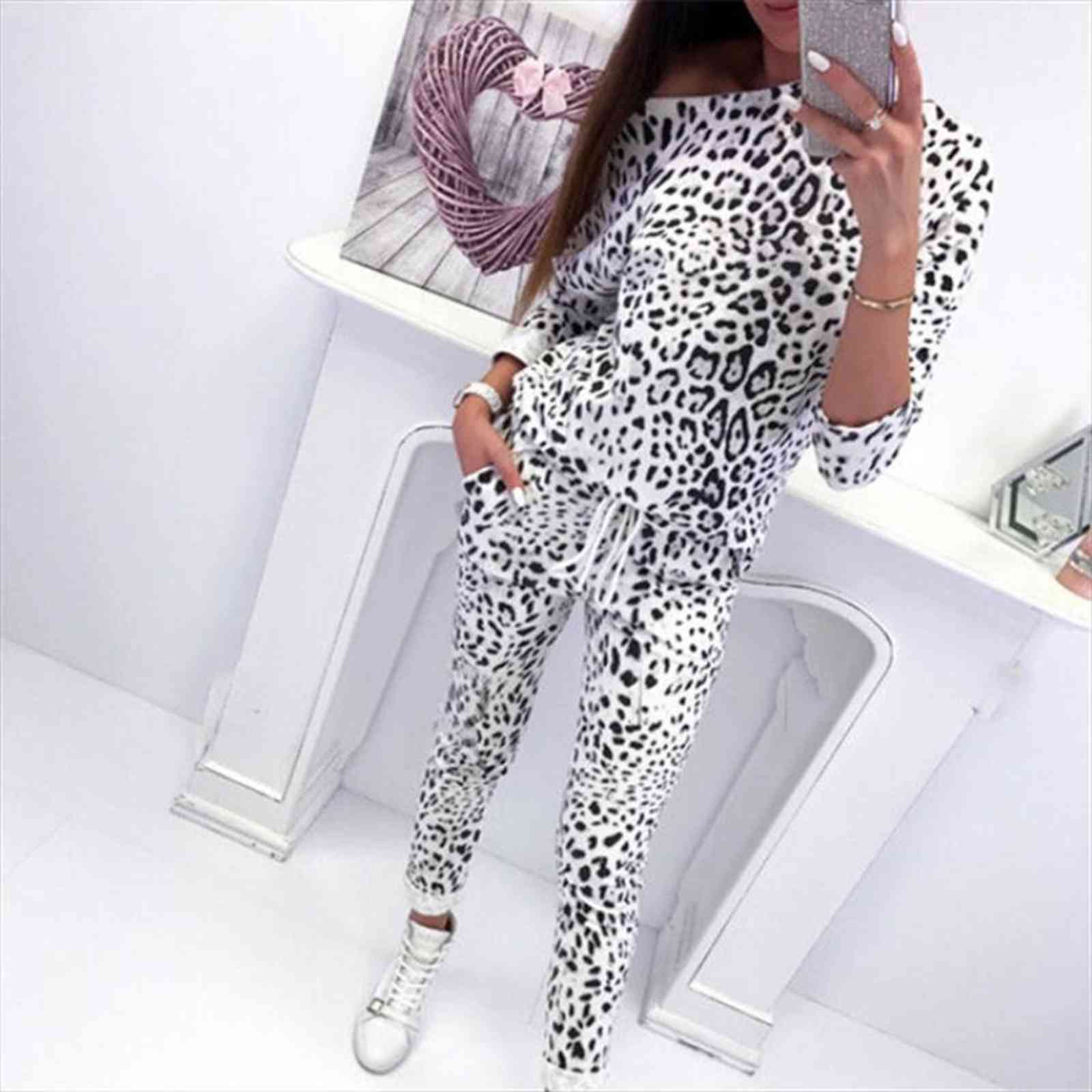 

2pcs tracksuit outfits womens pants long sleeve camouflage leopard printed hoodies high waist sets sweatsuit, White
