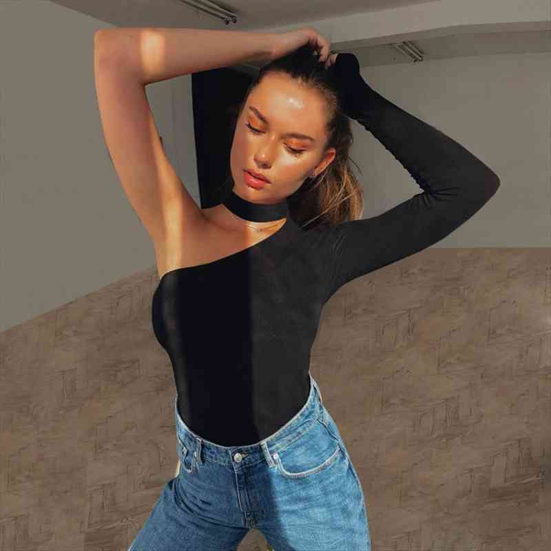 

club women jumpsuits one shoulder turtleneck long sleeve spandex bodysuits solid skinny party jumpsuits, Black;white