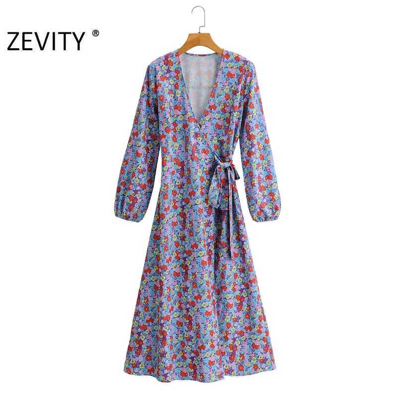 

Zevity Women Elegant Cross V Neck Flower Print Casual Slim Kimono Midi Dress Female Lantern Sleeve Bow Tied Vestido DS4590 210603, As pic ds4590ff