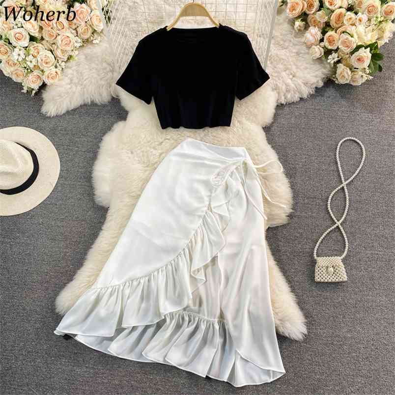 

Two Piece Set Women O Neck Short T Shirts High-waist Irregular Ruffle Fishtail Bodycon Skirts Temperament Suits Female 210519