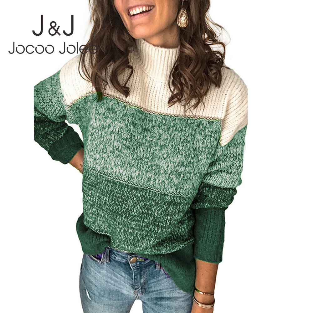 

Jocoo Jolee Elegant Harajuku Knitted Sweater Winter Patchwork Loose Pullovers Women Vintage Striped Sweater Color Block Jumpers 210518, Green