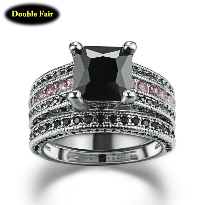 

Cluster Rings Square Cut Black Nano Stone Ring Set For Women/Girls Silver Color Fashion Cubic Zirconia Jewelry High Quality Gift DWR695, Golden;silver