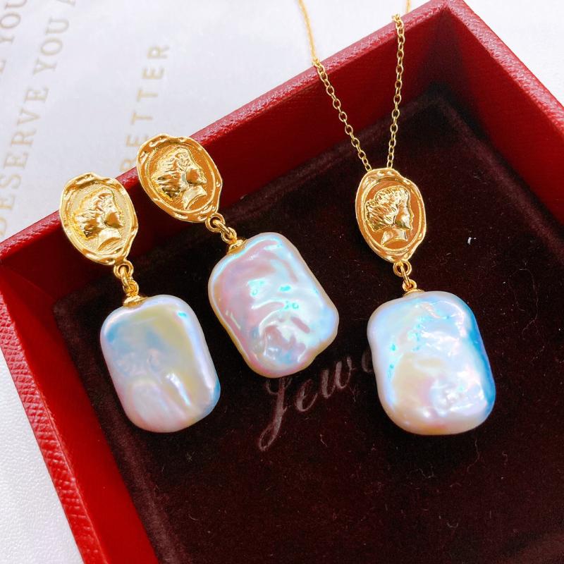 

Earrings & Necklace 2021 Queen Baroque Earrings&Necklace Sets For Women 14-15mm Keshi Pearl Jewelry, Silver