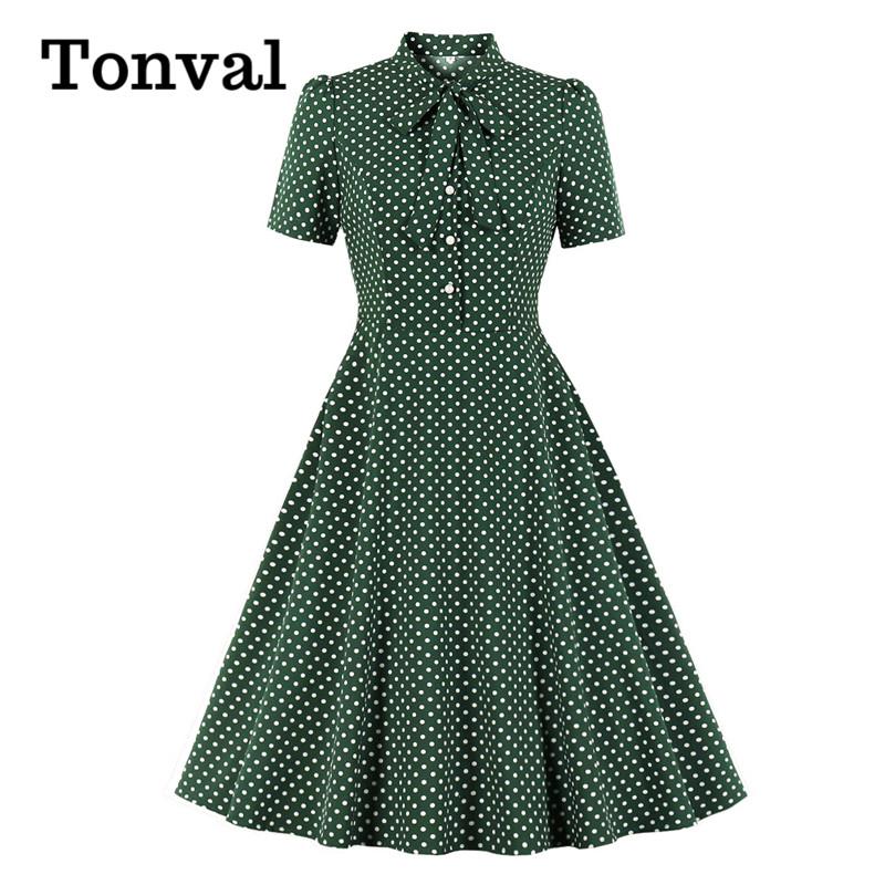 

Casual Dresses Tonval Bow Tie Neck Button Front Polka Dot Pinup 50s Vintage Shirt Women A-Line Summer Female Elegant Green Dress