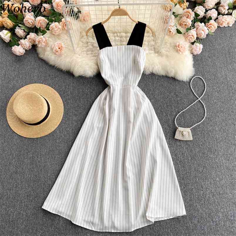 

Fashion Summer Elegant Party Midi Long Dress Women Striped Casual Sexy Strap Backless Ruffles Dresses Korean Robe 210519, White