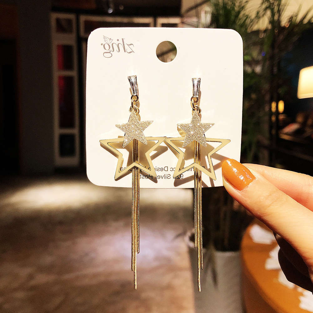 

earrings S925 silver needle advanced sense zircon Sequin metal Pentagram Tassel Earrings temperament long face thin earrings for women, Golden