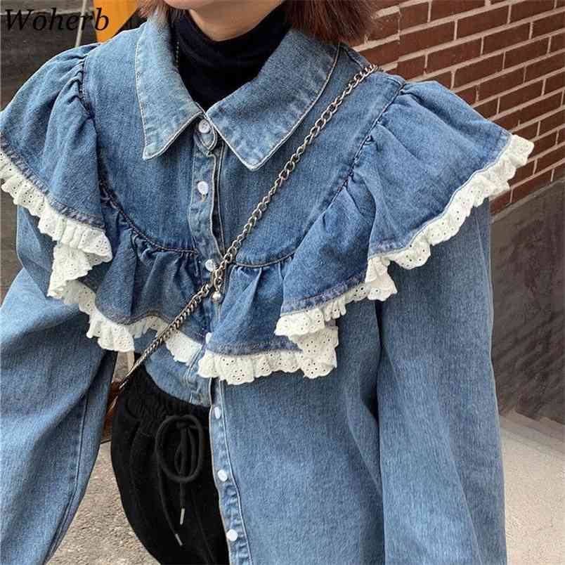 

Harajuku Denim Blouse Women Lace Patchwork Ruffle Fashion Shirt Korean Vintage Turn Down Collar Long Sleeve Jean Tops 210519, Blue