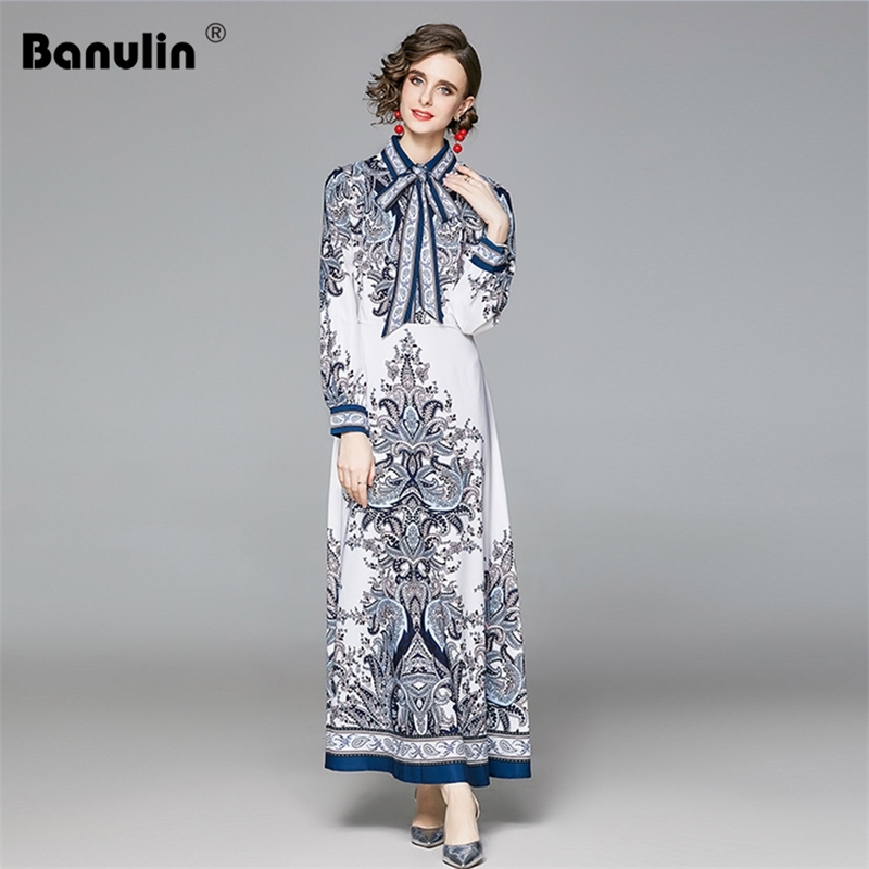 

Banulin Autumn Fashion Runway Designer Elegant Long Dress Women sleeve Retro Floral Print Sashes Lace up Maxi 210603, The picture color