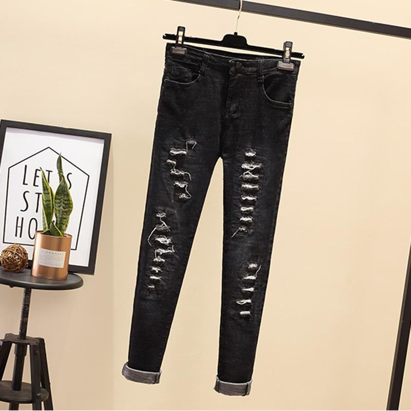 

Fake Hole Skinny Women's Jeans High Waist Tassel Ripped Pencil Pants Autumn Plus Size Mujer Ankle Length Slim Cowboy 4XL, Black