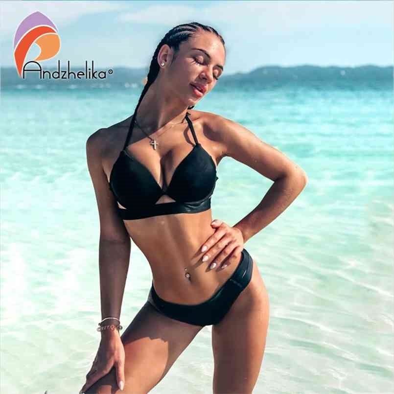 

Andzhelika Bikini Bandage Swimsuit Bikini Sexy Push Up Swimwear Low Waist Bathing Suit Halter Swim 210708, Deep blue