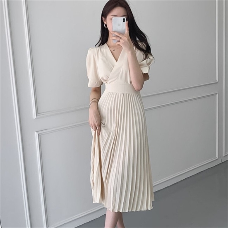 

Summer Fashion Korean Solid A-line Pleated Long Dress Women Short Sleeve V-neck Belted Dresses Elegant Office Ladies Vestid 210603, Picture color