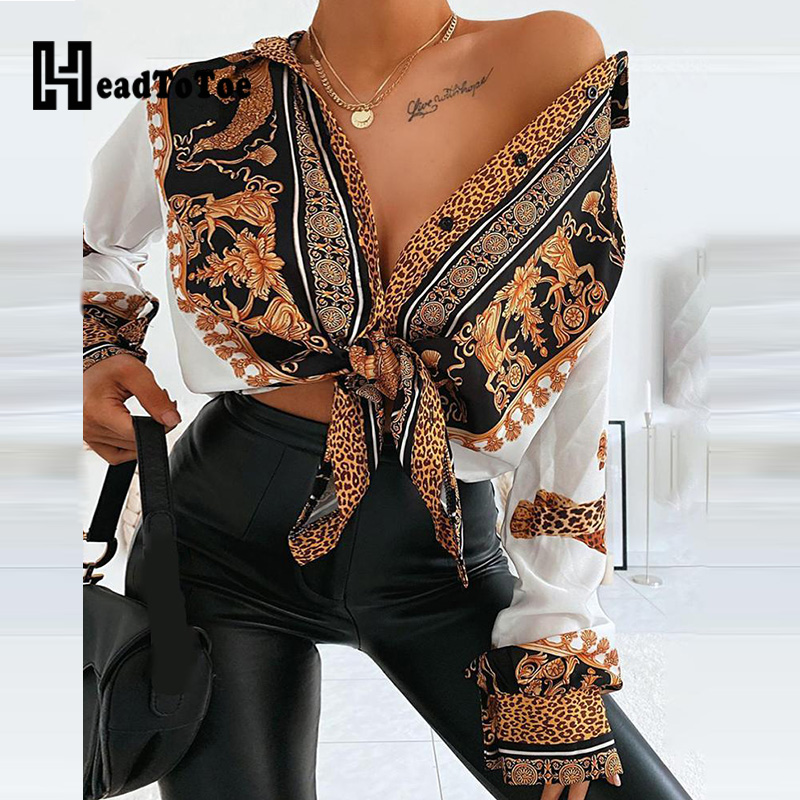 

Baroque Leopard Print Casual Shirt Women Turn-down Collar Long Sleeve Casual Blouse Tops Streetwear, White