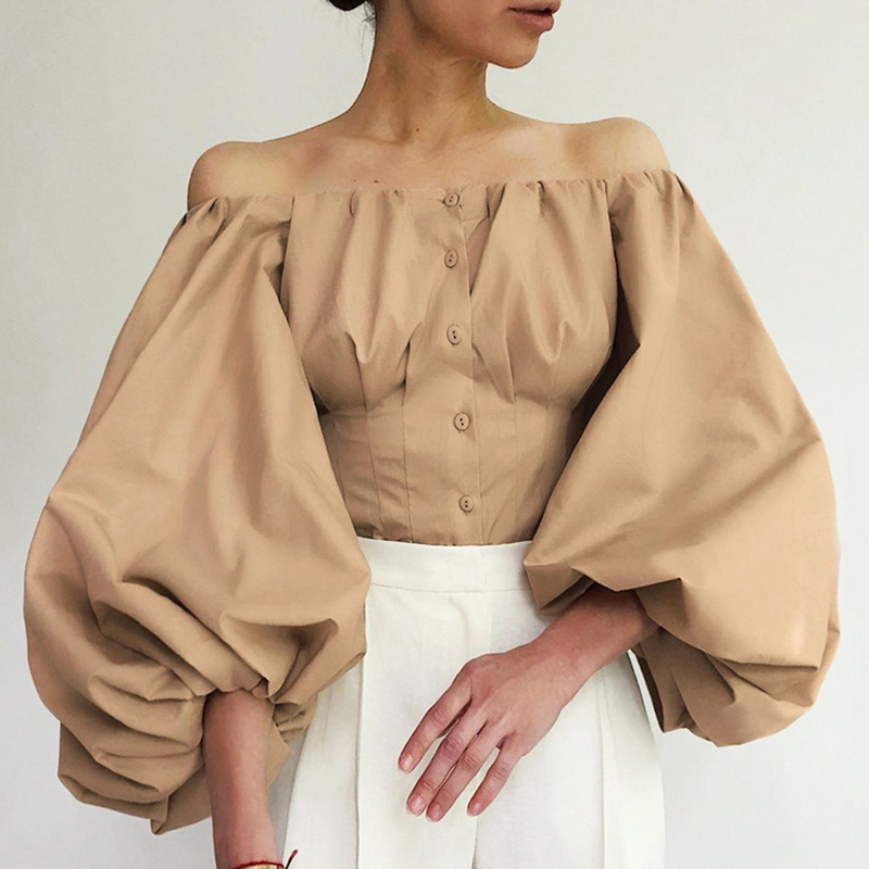 

Off Shoulder Lantern Sleeve Sexy Women Top and Blouse Shirts Button Up Baless Crop Tops Fashion Blusas Mujerhigh quality, Black