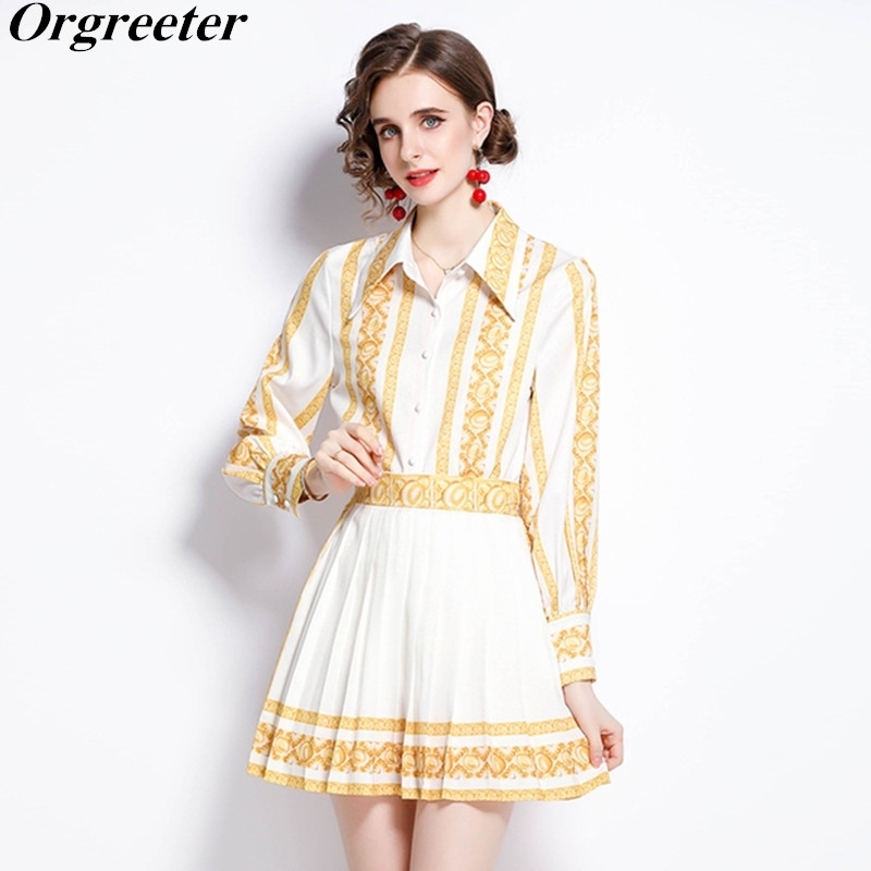 

High Quality Office Lady Summer Fall Twinset Elegant Long Sleeve Shirt and waist Pleated Mini Skirt 2 piece Set Female 210525, White
