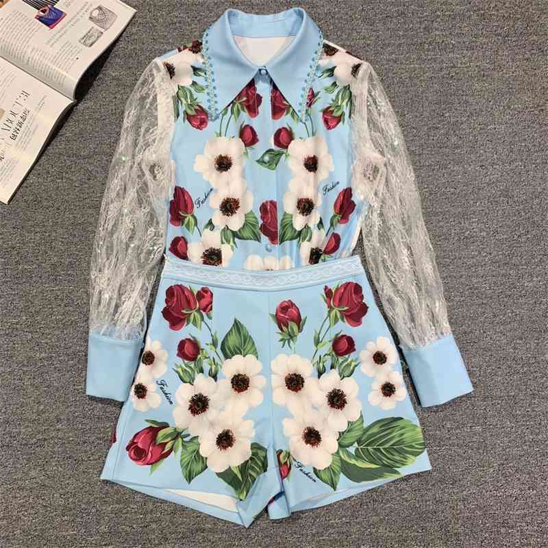 

Truevoker Summer Runway Fashion Shorts Set Suit's Lace Sequined Sleeve Blue Print Blouse + Two Piece 210602